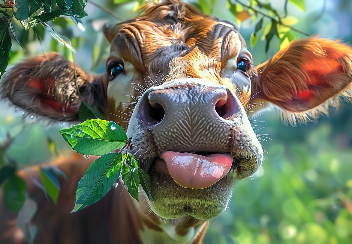 Image of a happy cow enjoying foliage